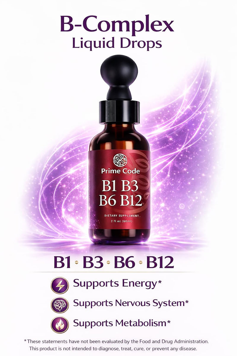 Prime Code Liquid Vitamin B1 Drops with Vitamin B3 B6 & B12 | B Complex Liquid Supplement | Thiamine Supplement for Adults | High Absorption | Immune Support | Non-GMO | Gluten-Free