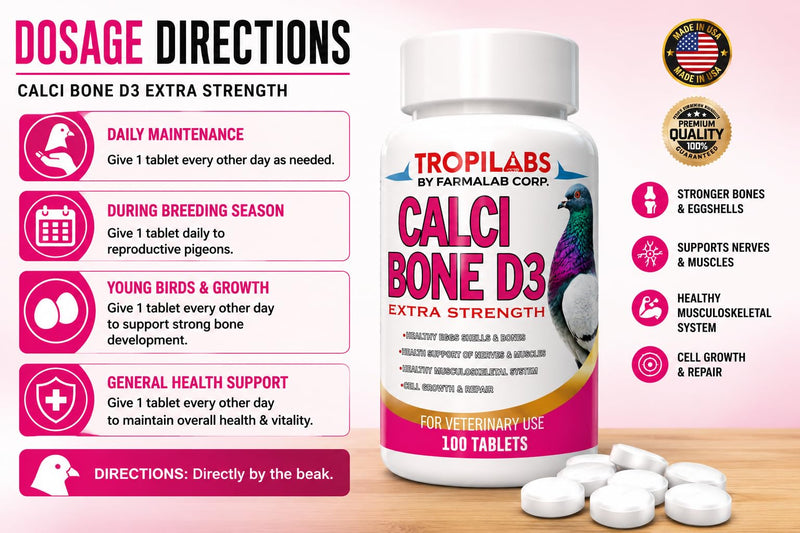 Farmalab Calcium Bone D3 Extra Strength Calcium Supplement for Pigeons, 100 Tablets, with Vitamin D3 and Collagen