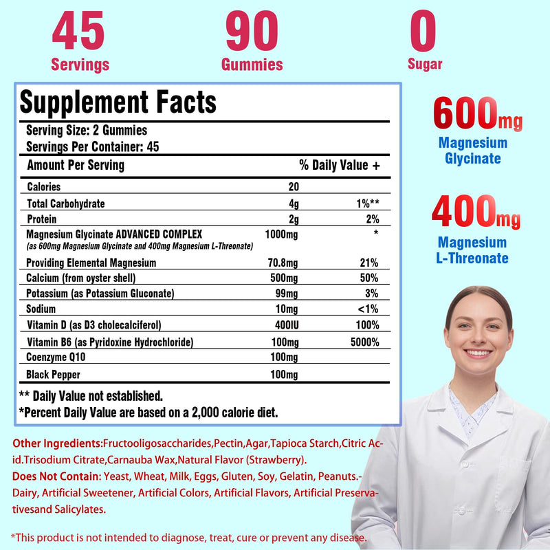 Magnesium Glycinate Gummies for Adults & Kids, 1000mg High Absorption Magnesium Complex Supplement, Sugar Free with Potassium,Vitamins for Calm, Sleep Supprt, Stress Relief, 90 Counts Strawberry 90 Count (Pack of 1)