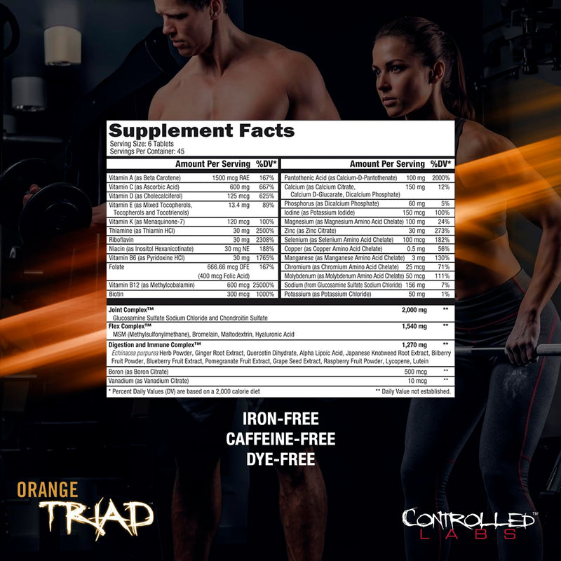 CONTROLLED LABS Orange Triad, Multivitamin/Joint/Digestion/Immune, 45 Serv | Daily Supplement, Vitamin A, B6, B12, C, D, Iron Free Sports Vitamin, Supports Joints, Digestion, Immune Function, Magnesium 270 Count (Pack of 1)