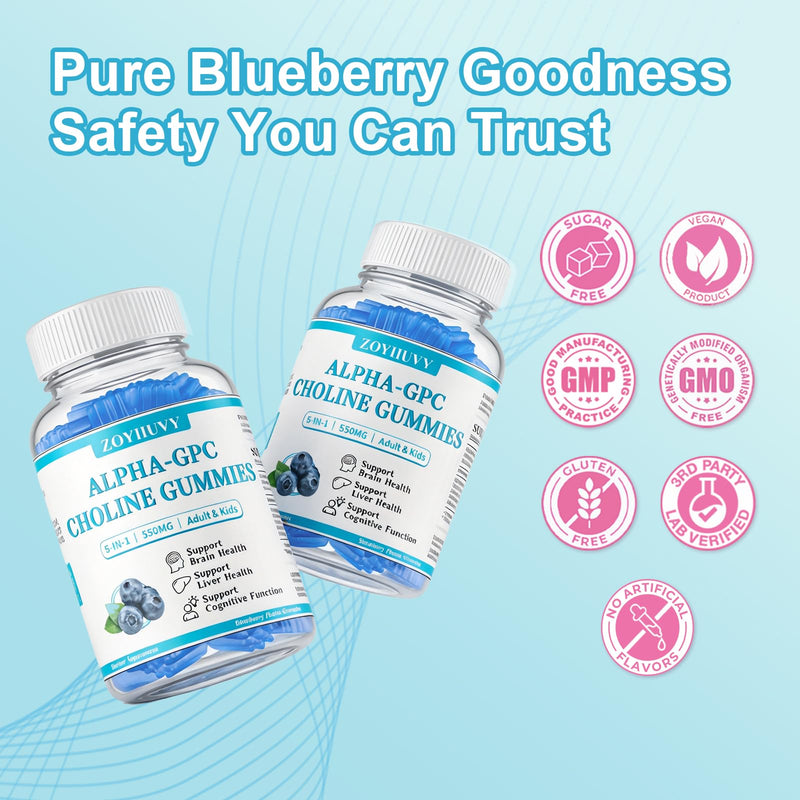 2 Pack Choline Gummies (ALPHA GPC) 550mg,Brain & Liver, Adults & Kids,120Ct | Choline Supplements with DHA, Vitamin B5, Liver, Brain & Cognition Health, Focus & Energy, Vegan, Sugar-Free, BlueberryFlavor 60 Count (Pack of 2)