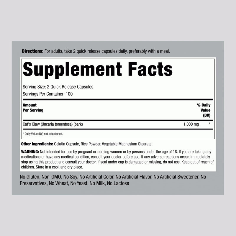 Piping Rock Cat's Claw Capsules 1000mg | 200 Count | UNA De Gato | Herbal Supplement | Non-GMO, Gluten Free