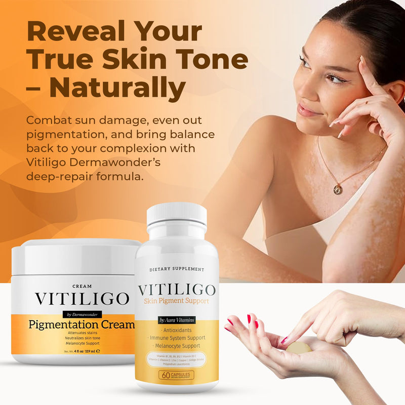 Dermawonder Vitiligo Supplement & Pigmentation Cream Set | 60 Vitiligo Capsules and 4fl Oz Cream | Reduce White Spots, Improve Skin Pigmentation & Neutralize Skin Tone | Natural Solution (1) 60 Count (Pack of 1), 4 Fl Oz (Pack of 1)