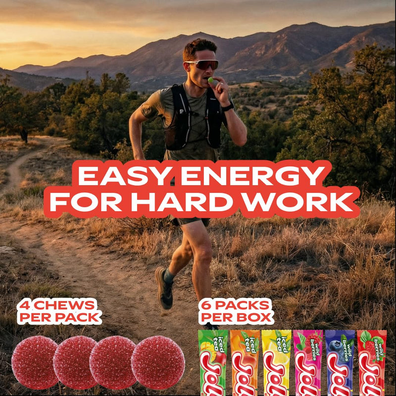 Energy Chews with Electrolytes & B Vitamins - 6 Pack - Multi Flavors | Fast-acting energy with electrolytes & B vitamins. Mixed fruit & iced tea flavors. Vegan, gluten free, no artificial flavors. Peach Lemon Mango Strawberry Raspberry Blueberry