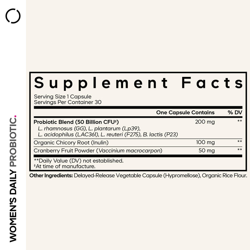Codeage Women’s Daily Probiotic Supplement – 50 Billion CFU Supplement, Cranberry Fruit Powder, Prebiotic Chicory Root Inulin – Women’s Wellness Support – 1 Capsule Per Serving - Non-GMO – 30 Capsules