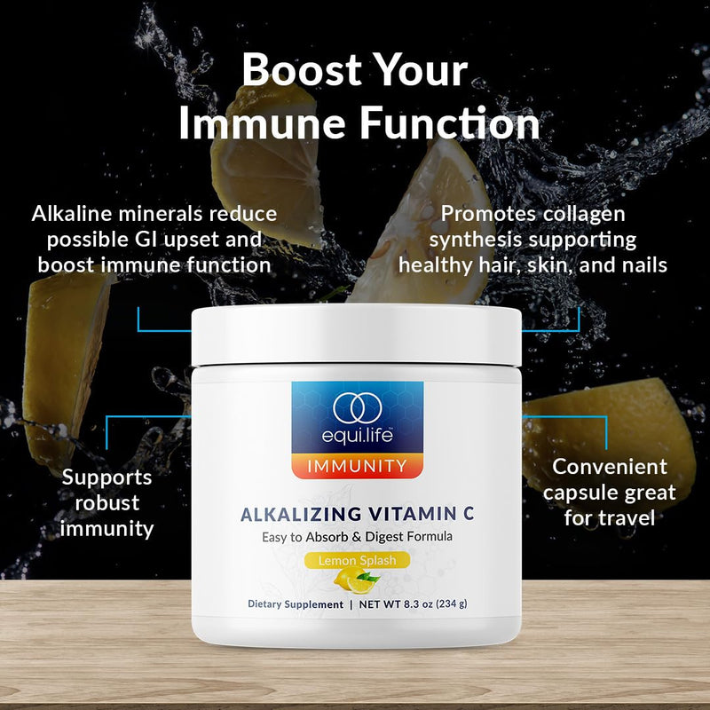 Equilife Alkalizing Vitamin C Supplement, Lemon Splash, 30 Servings | 2500 mg per Serving | Easy Absorption Powder | Immunity Support | With Magnesium, Calcium & Potassium | Gluten Free | Non-GMO