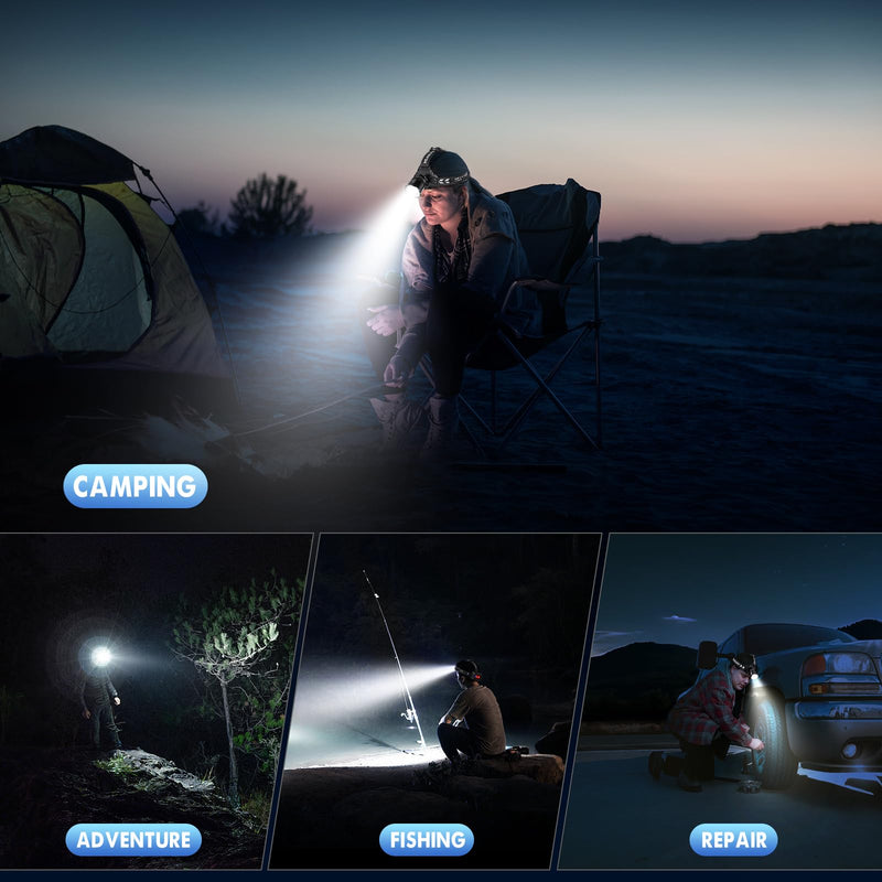 Super Bright Headlamp Rechargeable 2000 Lumens, 7 Modes Head Lamp, Zoomable Head Light for Forehead, 90° Adjustable Headlamps for Adults, Long Runtime & Waterproof Fishing, Camping Black 1 Pack