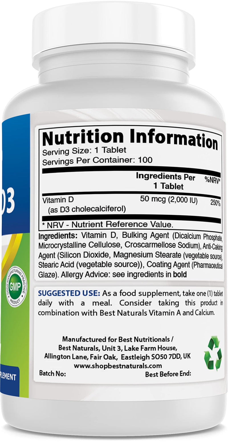 Best Naturals Vitamin D3 2000 IU (50 mcg) - 100 Tablets - 100 Days Supply - Helps Support Immune Health, Strong Bones and Teeth, & Muscle Function (100 Count (Pack of 1)) 100 Count (Pack of 1)