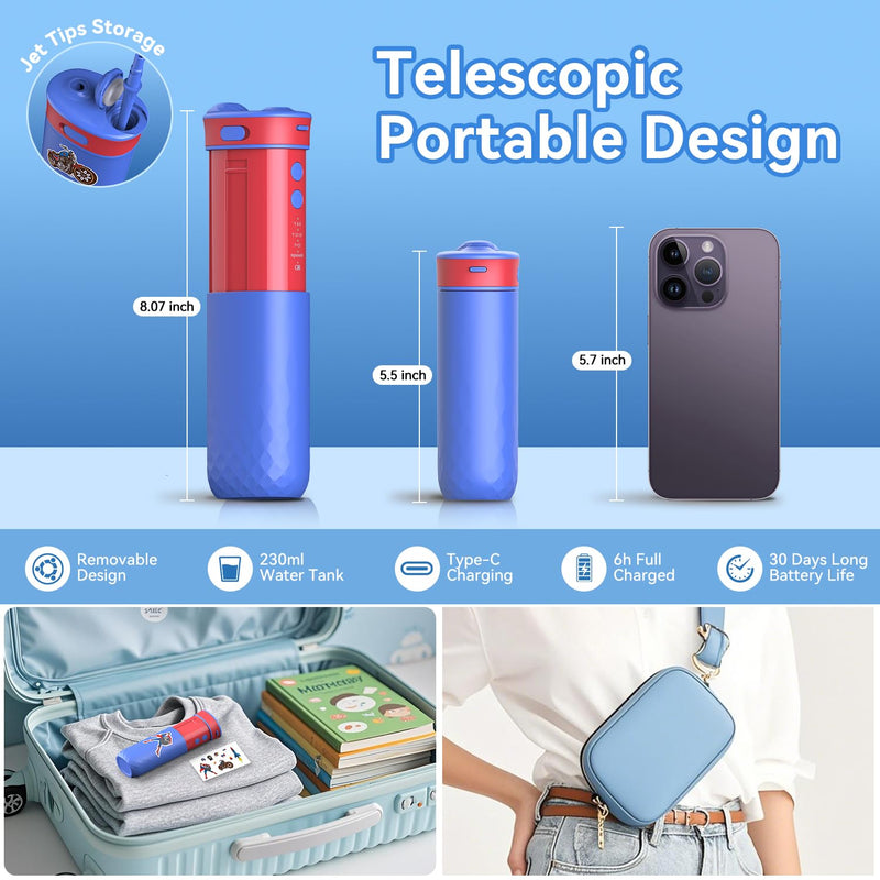 JTF Portable Water Flosser for Kids: 4 Gentle Modes for Ages 6+, Safe & Effective for Sensitive Teeth, Braces - with DIY Stickers, 4 Nozzles, Travel Bag, Mini Compact Oral Irrigator for Home & School Blue+red