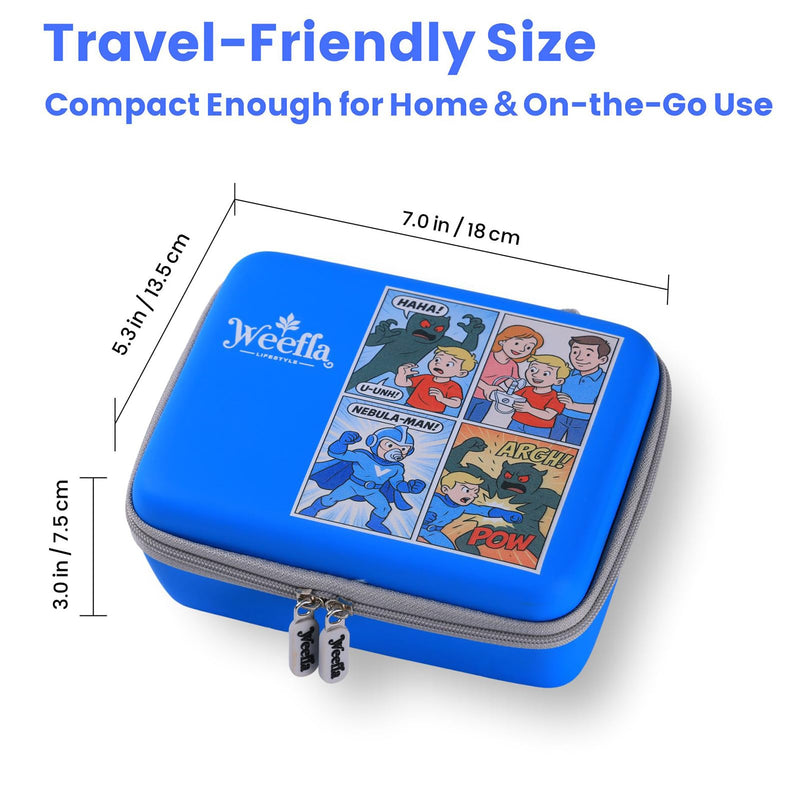 Portable Nebulizer Travel Case with Superhero Comic Design, Hard Shell Inhaler Spacer Storage Holder for Kids & Adults, Asthma Inhaler Case with Dual Elastic Straps, Splash Resistant Comic Blue - BeesActive Australia