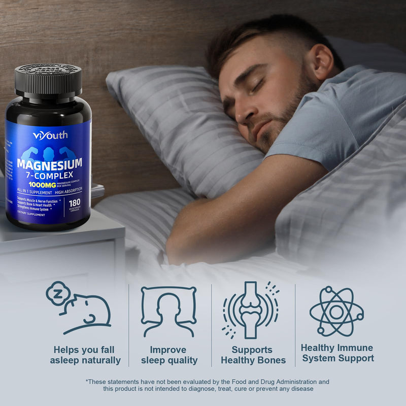 Magnesium 7 Complex Supplement Advanced for Sleep & Muscle, 180 Capsules | 7 Forms of Magnesium (Glycinate, Malate, Chelate, Aspartate, Orotate, Taurine, Citrate), Zinc, Vitamin D3 & Vitamin B6 180 Count (Pack of 1)