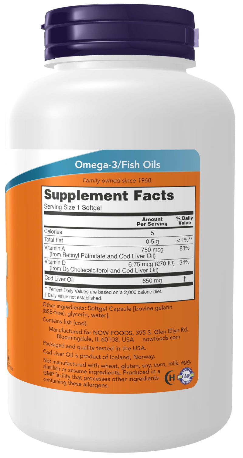 NOW Foods Supplements, Cod Liver Oil 650 mg, Excellent Source of Vitamins A and D-3, 250 Softgels