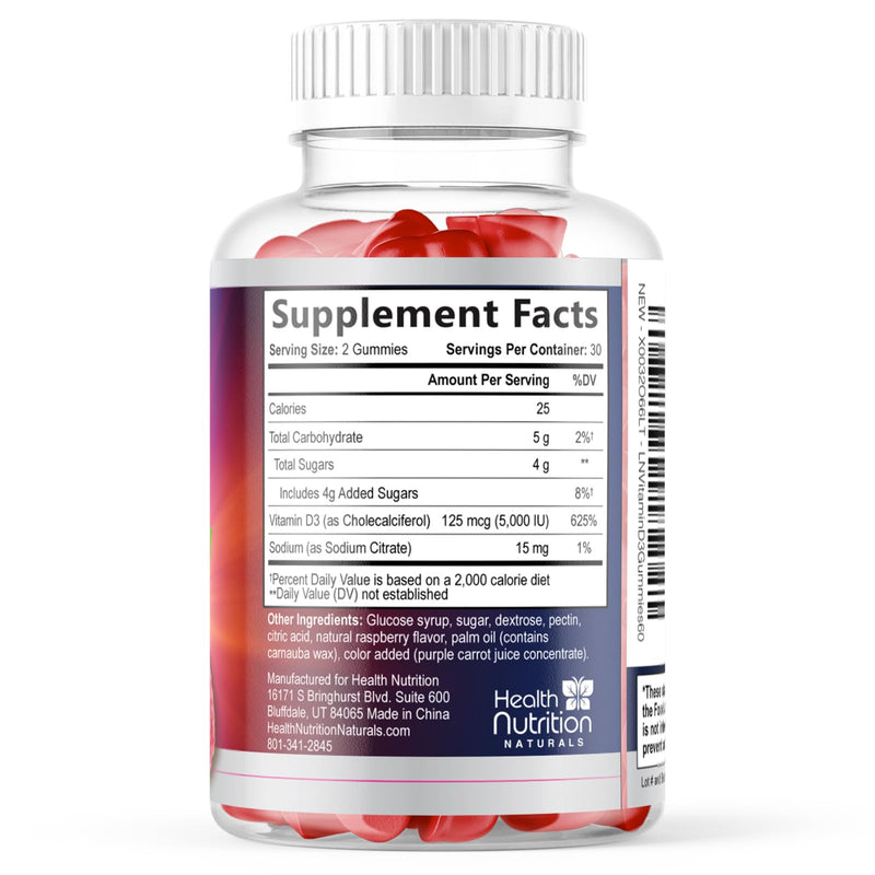Vitamin D3 Gummies 125 mcg (5000 IU) Per Serving - 3X Strength Immune Support & Bone Support, Vitamin D Gummy Dietary Supplement, Nature's Berry D Vitamin Supplement, Raspberry Flavored - 60 Gummies 60 Count (Pack of 1)
