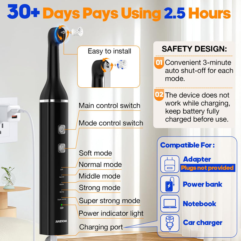 Tooth Polisher, RRZIOM Rechargeable Teeth Polisher for Teeth Whitening and Cleaning Kit, Waterproof Tooth Polish Dental Tools with LED Light, 5 Brush Heads, 5 Speed Modes, Tooth Polishing Kit Black-1 - BeesActive Australia