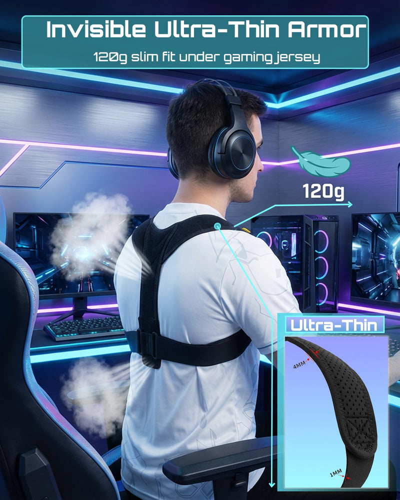 Hypoke® Gamer Back Posture Corrector for Men, Double Tension Control Upper Back Brace Posture Corrector, Ultra-Thin Breathable Alignment Straightener for PC Players And Streamers - Blaze Black