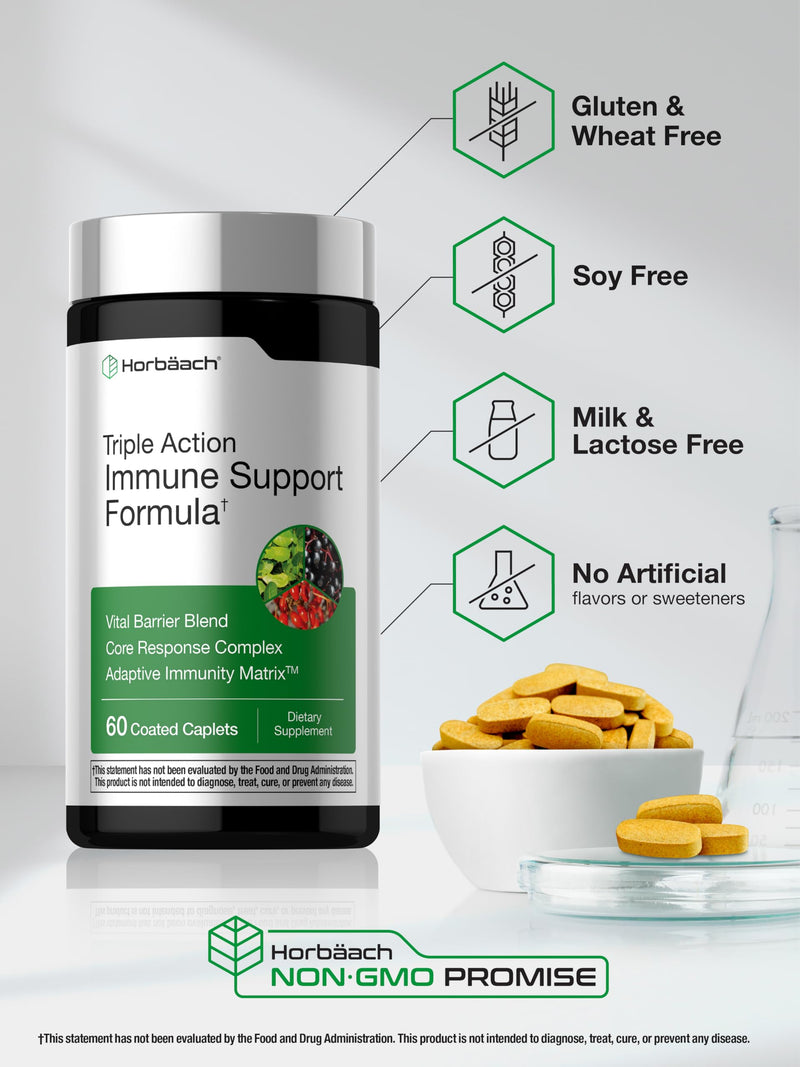 Horbäach Immune Support Supplement | 60 Coated Caplets | with Vitamin C, Zinc & Elderberry | Triple Action | Adaptive Immunity Matrix | Vegan, Non-GMO, Gluten Free