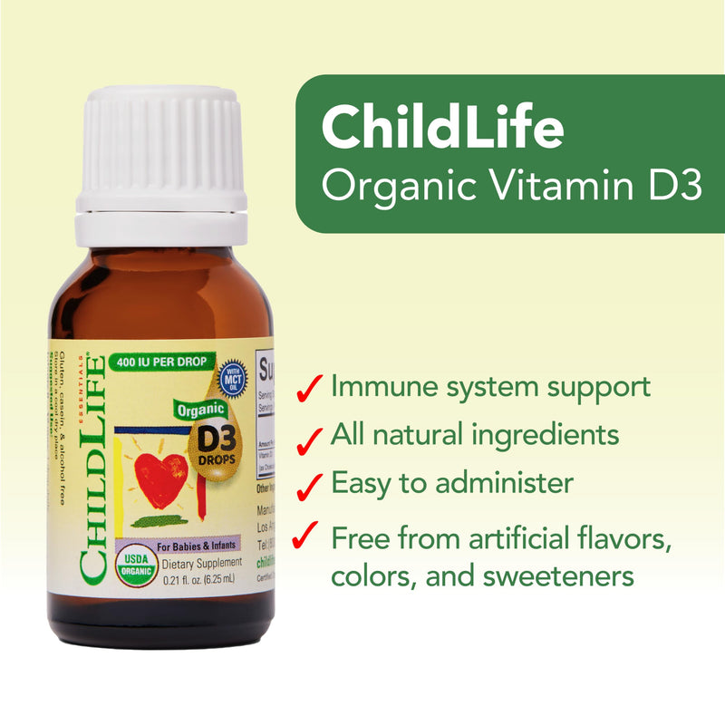 ChildLife Essentials Organic Infant Vitamin D3 Drops 0.21 Fl Oz (1 Pack) | Newborns, Baby Vitamin D Drops, 400 IU per Serving, Immune Teeth & Bone Health Support, USDA Organic, Flavorless 0.21 Fl Oz (Pack of 1)