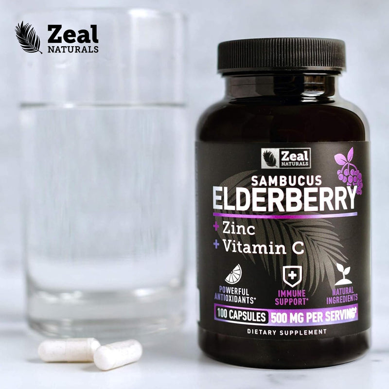 Zeal Naturals Max Strength Elderberry Capsules - 2000mg, 100 Capsules | Sambucus Black Elderberry, Vitamin C, and Zinc | 3-in-1 Immune Support Supplement for Adults