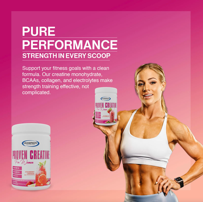 Gaspari Nutrition Proven Creatine for Women, 5g of Creatine, 5g of Collagen, Vitamin C and Collagen, Clean, Natural Formula, Electrolytes for Hydration (30 Servings, Strawberry Lemonade) 15.86 Ounce (Pack of 1)