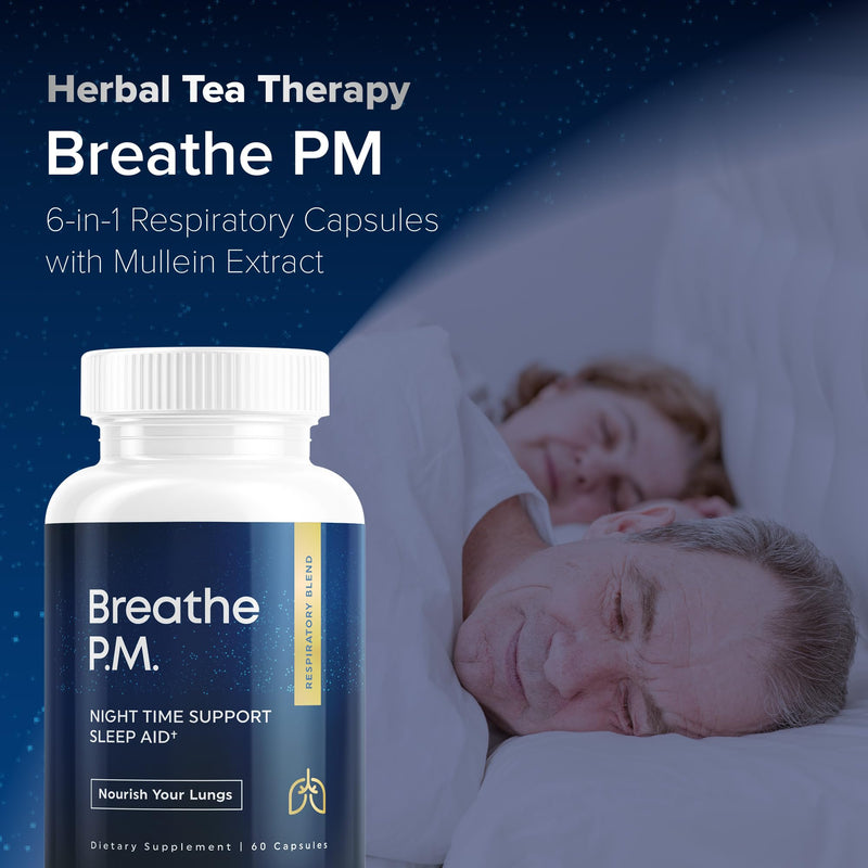 BREATHE PM, Nighttime 6-IN-1 Mullein Capsules For Lung Detox for Smokers (60 Caps - 30 Days) - L-Theanine, Thyme, & Mullein Leaf Extract For Lungs - Mucus Removal Supplement - GMO-Free & Made in USA