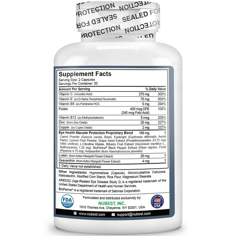 NuBest AREDS 2 Eye Vitamins with Beta Carotene Carrot Powder, 20mg Lutein, 4mg Zeaxanthin, Bilberry, Grape Seed, BioPerine, B-Complex, Multivitamin for Eye Health | 1 Month Supply 60 Count (Pack of 1)