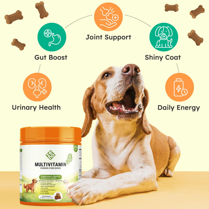 ZENO Dog Vitamins and Supplements - 150 Dog Multivitamin Chewable - Immune, Joint Support, Skin, Gut Health + Packed with Omega 3s, Glucosamine & Probiotics - Safe for Puppy - Chicken