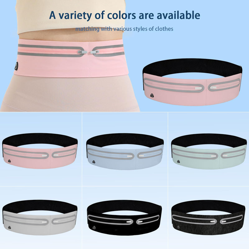 Slim Running Belt with 2 Pockets for Phone, Adjustable Waist Belt Bag for Women/Men,Ultra Light Adult Fanny Pack, Waist Pack for Running Hiking Yoga Travel Cycling, Pink