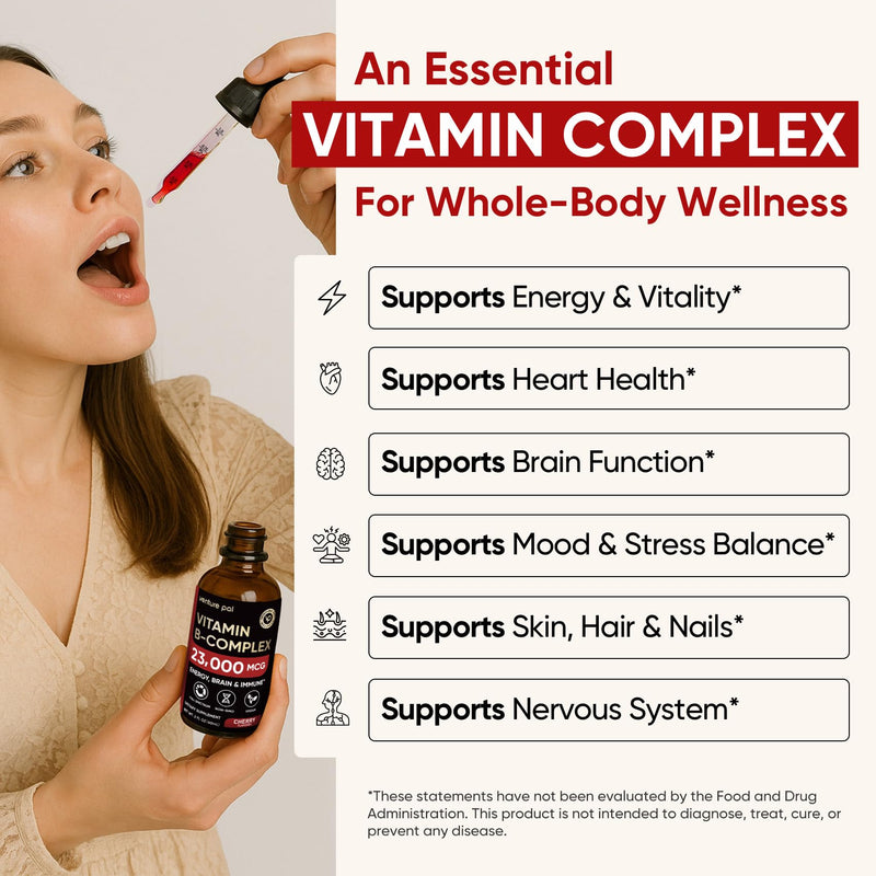 Vitamin B Complex 23000mcg - Methyl B12| B9 Folic|B7 Biotin,B1,B2,B3,B5,B6 | Vitamin B Complex Liquid Drops for Men & Women with Vitamin C, Choline & Inositol for Energy, Immune & Brain Support - 2Oz 2 Fl Oz (Pack of 1) V2-cherry