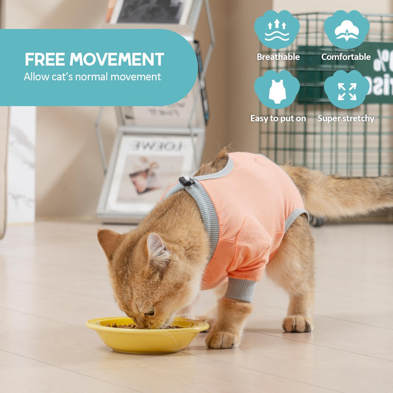 Avont Cat Recovery Suit Kitten Onesie with Sleeves Front Post Surgery Alternative Surgical Spay Suit for Female Cats Post Surgery Skin Disease Protection Gray Coral L - BeesActive Australia