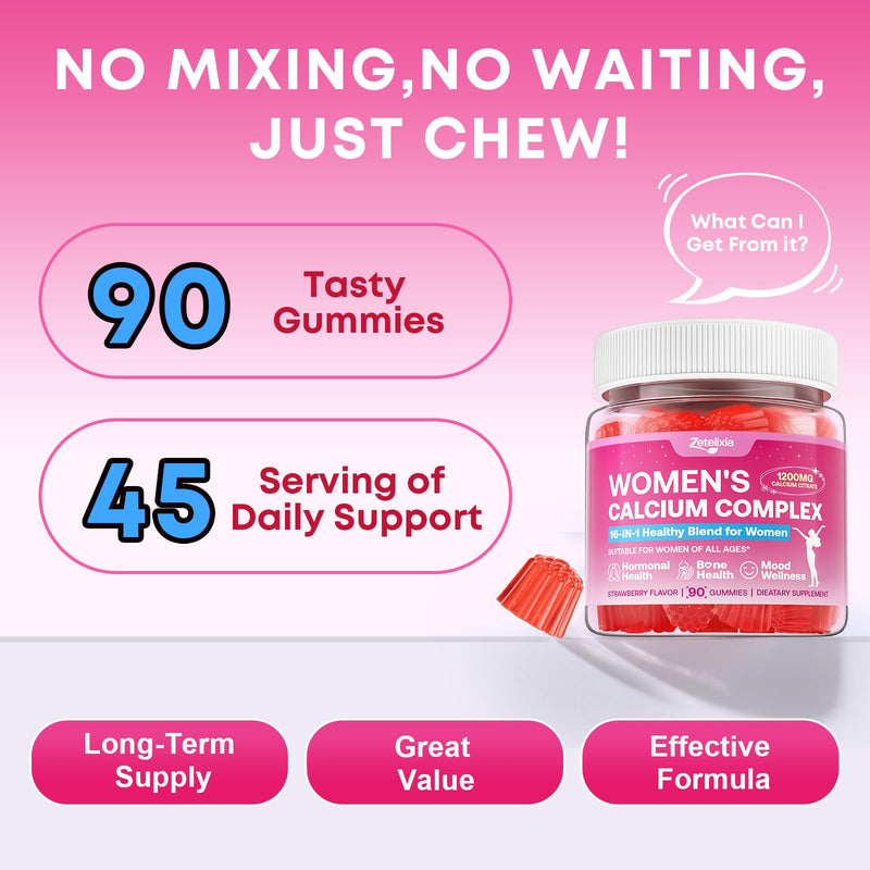 Calcium Gummies for Women, Calcium Citrate 1200mg with Vitamin D3 K2, Collagen & Biotin, B0ne, Teeth, Immune & Hormone Support, Sugar Free, Non-GMO, Gluten-Free, Strawberry Flavor, 90 Count 90 Count (Pack of 1)