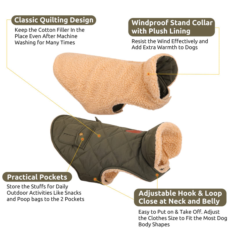 Queenmore Warm Dog Coat, Cold Weather Puffer Dog Coat, Quilting Winter Dog Jacket Ultra Thick Plush Lining with Storage Pockets (Green, Small) Green - BeesActive Australia