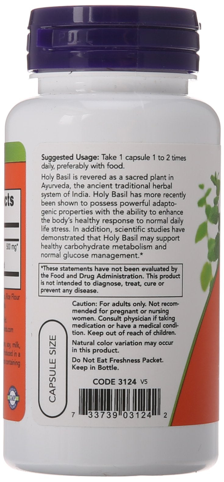 NOW Holy Basil Extract 500 mg,90 Veg Capsules - BeesActive Australia