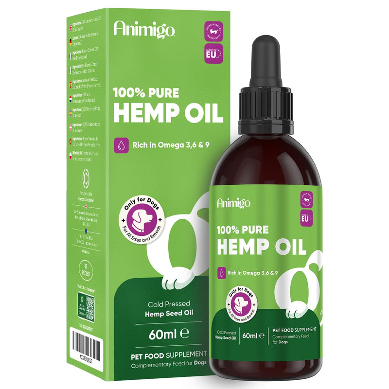 Hemp Oil for Dogs 60ml - Pure, Natural & Cold-Pressed - Dog Calming Products for Loud Noises, Car Rides & Home Alone Time - Rich in Omega 3, 6 & 9 - Dog Calming Drops for Skin, Coat, Bones & Joints