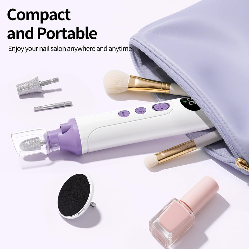Professional Manicure Pedicure Kit, Cordless Electric Nail File with LCD & Lamp, Rechargeable Toenail Grinder for Thick Toenails, Portable Nail Dremel Tools for Women & Men Baby Pets White Purple - BeesActive Australia
