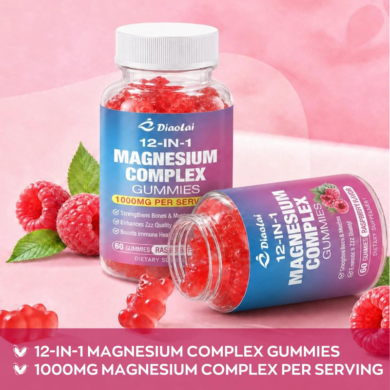 2 Pack Magnesium Complex Gummies with Citrate, Glycinate, Malate, Oxide – Plus Vitamin D3, B6, C, Ashwagandha & CoQ10 – Raspberry Flavor, 120 Count for Women & Men