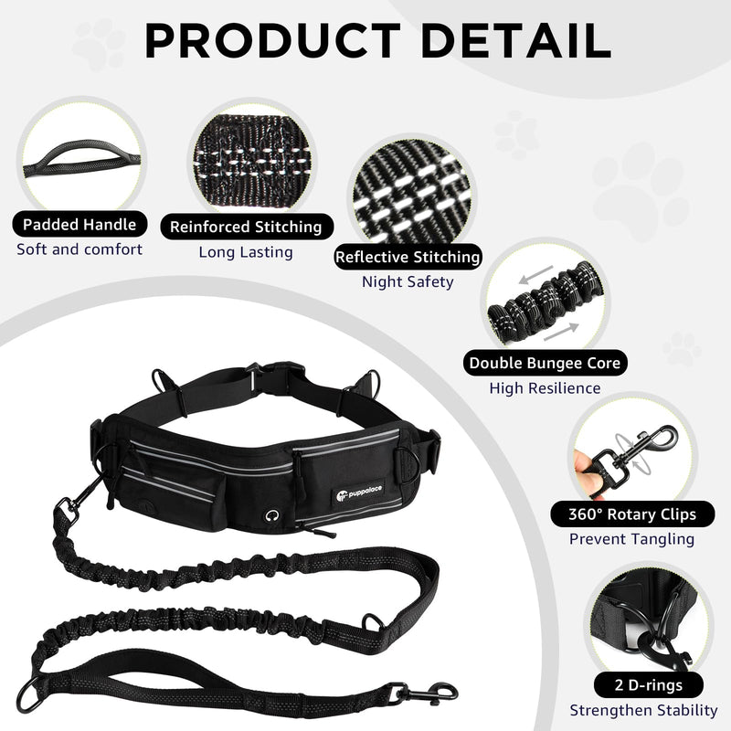 Hands Free Dog Leash with Waist Pack Featuring 2 Metal Clips - Adjustable Leash with Reflective Stitching and Shock Absorbing Design for Walking, Jogging, Hiking, Running and Training Pets
