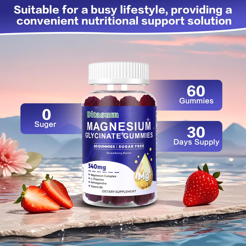 Magnesium Glycinate Gummies with L-Threonate, Vitamin B6, Ashwagandha 540mg per Serving, Sugar Free, Vegan, Relaxation & Nighttime Support, Strawberry Flavor, 60 Gummies 60 Count (Pack of 1)