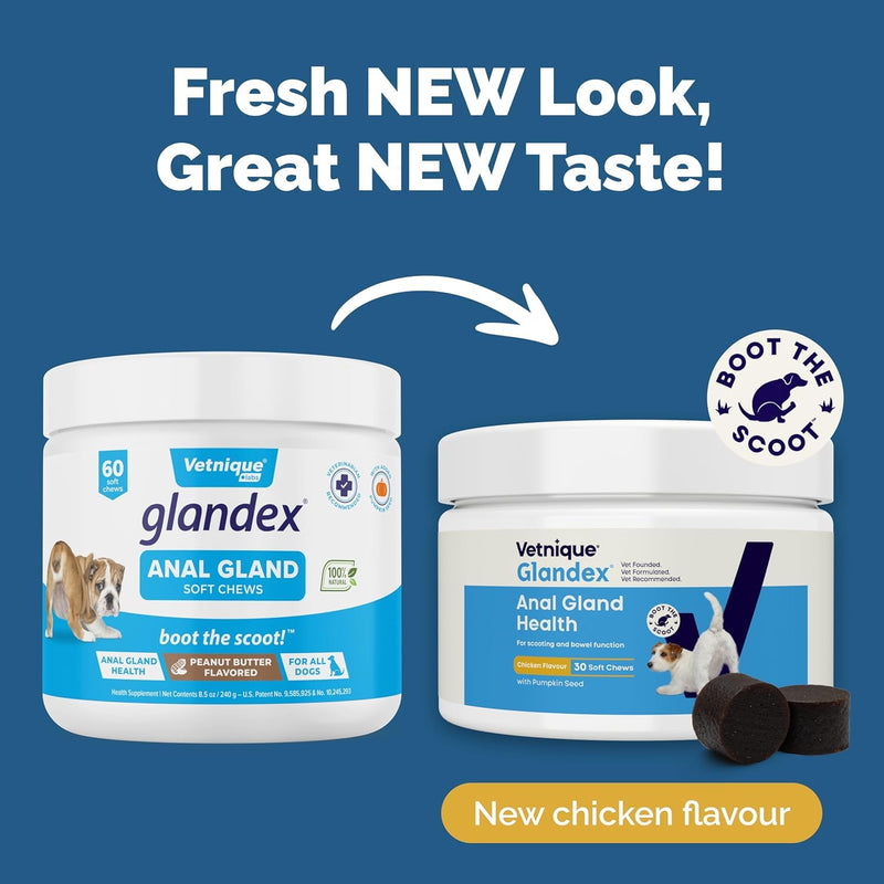 Glandex For Dogs UK - 30 Soft Chews - Vet-Formulated Anal Gland Support for Digestive Health - With Probiotics for Dogs, Omega-3s, Pumpkin & Fibre - Dog Probiotics for Gut Health - Boot The Scoot Chicken