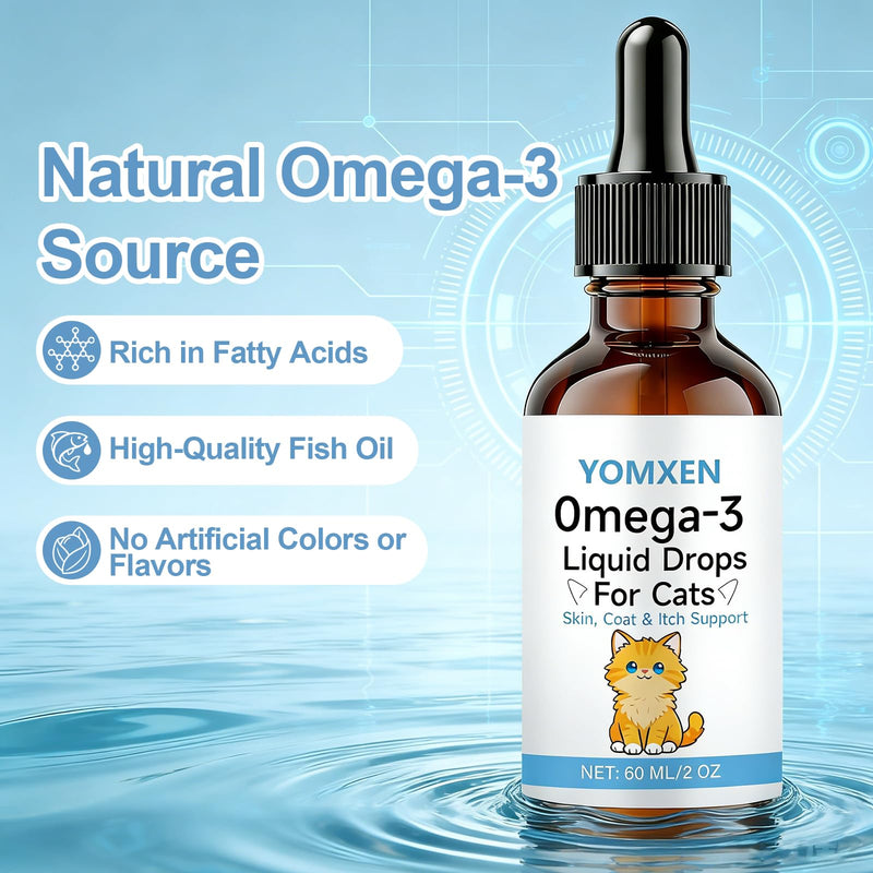 Omega-3 Liquid Drops for Cats - Supports Healthy Skin & Coat, Natural Fish Oil Supplement for Feline Wellness 60ml (1)