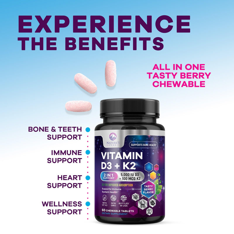 Vitamin D3 K2 - 5000 IU Vitamin D3 & 100 mcg Vitamin K2 MK-7 per Serving - Bone, Heart, & Immune Health Support - Calcium Absorption - D3K2 Berry Chew, Gluten Free, Non-GMO, Bottled USA - 60 Tablets 60 Count (Pack of 1)