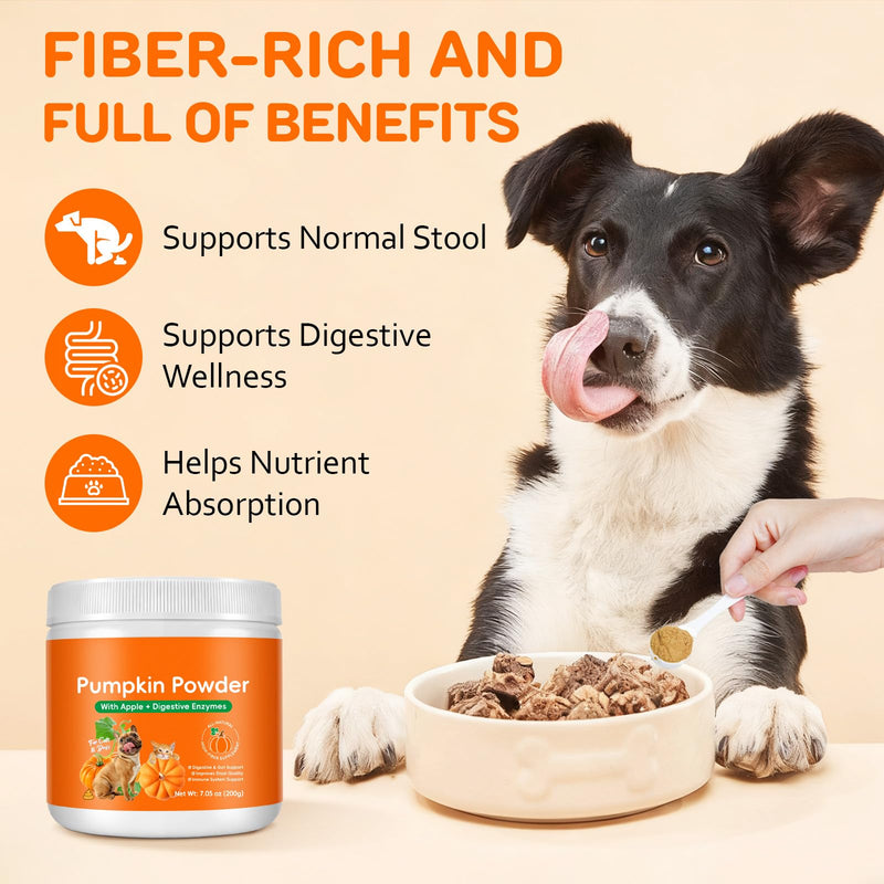 Pumpkin Powder for Dogs & Cats with Apple and Digestive Enzymes - Digestive & Gut Support Supplement, Helps Improve Stool Quality & Nutrient Absorption, 7.05 oz