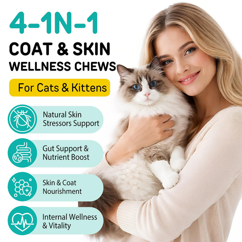 30 Chews Natural Prevention Chew for Cats–Chicken Flavor Cat Chewables with Skin & Coat Support– Prevention Supplement with Multivitamin for All Ages Pets