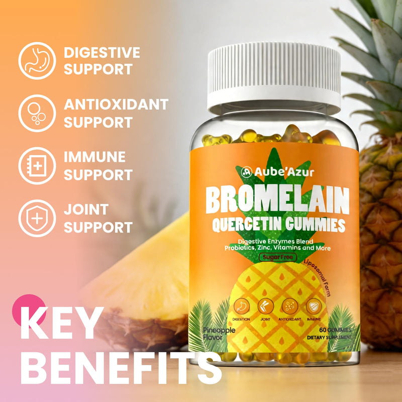 Liposomal Bromelain with Quercetin Gummies, 1000mg Bromelain Supplement | With Probiotics, Digestive Enzymes for Gut, Digestive & Immune Support for Women & Men, Sugar Free, Pineapple Flavor, 60 Ct