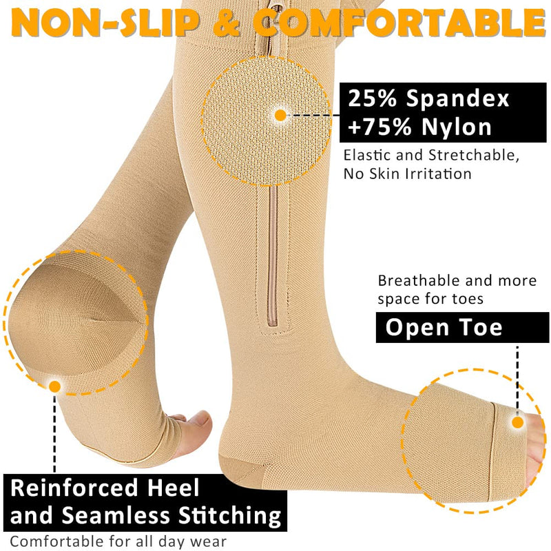 CASMON 15-20mmHg Zipper Compression Socks for Women and Men, Knee High Compression Stockings, Medical Open Toe Support Socks for Varicose Veins, Post-surgery, Swelling, Nurses, Pregnancy (1 Pair) XX-Large Beige