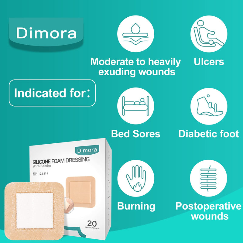 Dimora Silicone Foam Dressing with Border 20 Pack Adhesive 4"x4" Waterproof Wound Dressing Bandage for Wound Care 4"x 4" - BeesActive Australia
