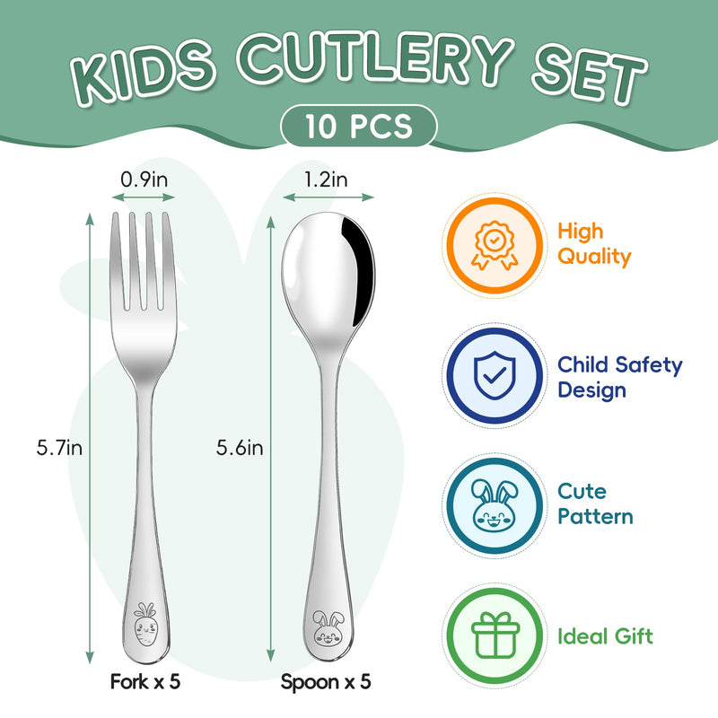 10 Pieces Stainless Steel Toddler Utensils Set - Food Grade Kids Silverware Set Children Safe Small Forks and Spoons Mirror Polished Sturdy and Durable Dishwasher Safe