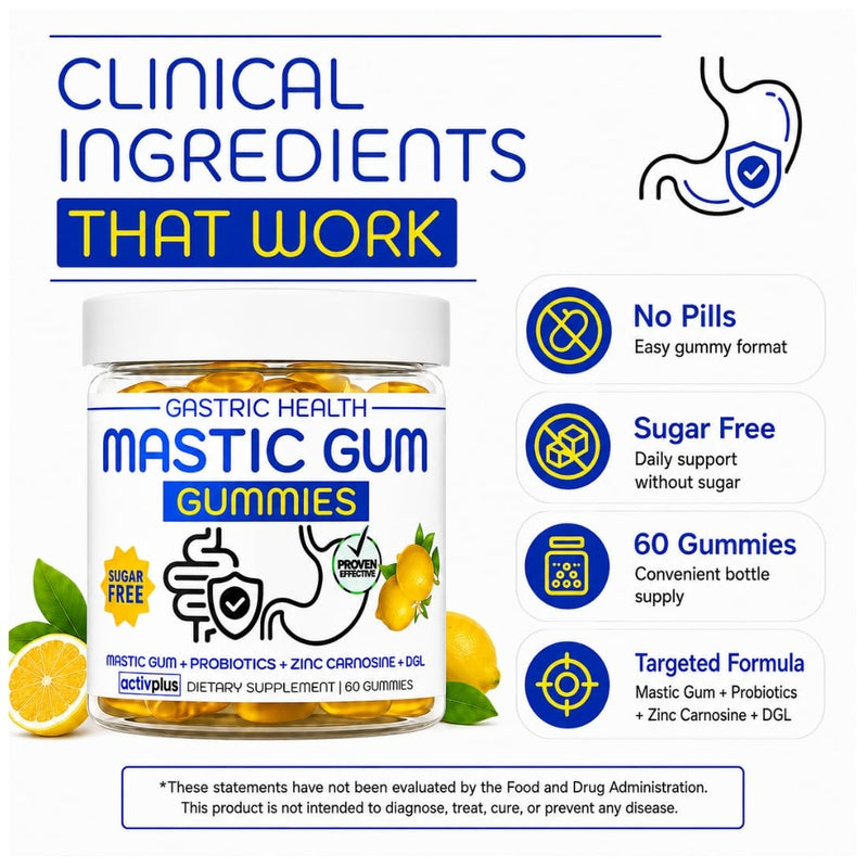Mastic Gum Stomach Soothe - Stomach Relief h Pylori Support 4 in 1 Mastic Gum Probiotics Zinc Carnosine DGL Licorice Extract - Gut Lining Health Lemon 60 Vegan Gummies