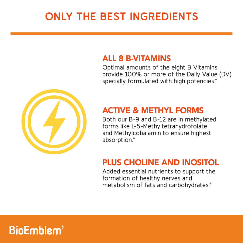 BioEmblem Vitamin B-Complex, 8 Active Forms Including Methyl, 90 Capsules | Methyl Folate, Methyl B12, B6, Biotin, Choline & Inositol - Supports Energy Metabolism, Brain, Heart & Nerves System Health 90 Capsule