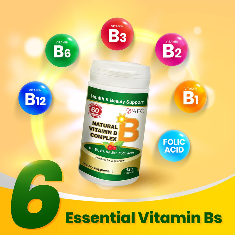 AFC Japan Vitamin B Complex - Stress, Energy, Immunity -120 Capsules | Natural vitamins B1 B2 B3 B6 B12, folic acid, glutathione yeast extract, no synthetics, non-GMO, 60 days' supply