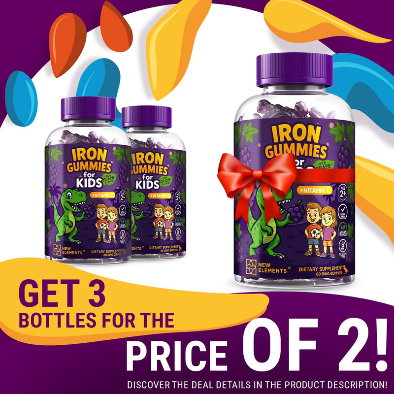 New Elements Iron Dinosaur Gummies for Kids with Vitamin C | Sugar-Free, Vegan, Gluten-Free & Non-GMO | Anemia Relief, Energy & Blood Health Support | Grape Flavor, Pectin-Based for Optimal Health 60 Count (Pack of 1)